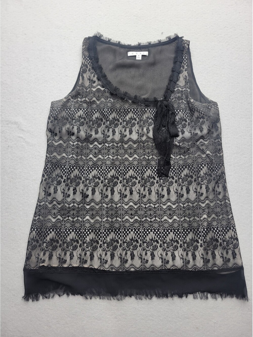 Cabi Women's Tank Medium Black Scoop Neck Knit Bow Lace Sleeveless Casual Work